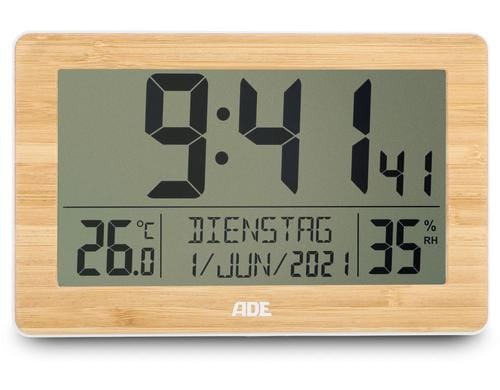 ADE Funk-Wanduhr XXL-Ziffern, Bambus-Weiss 16.7x9.3 cm, Temperatur-& Datumsanzeige