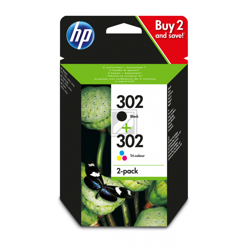 HP Combopack Nr. 302 Black + CMY X4D37AE 3,5/4 ml,  Seitenkapazität ~ 190/165 Seiten