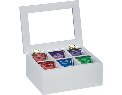 relaxdays Teebeutel-Box Bambus, 6 Fächer, Weiss