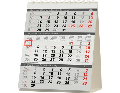 Biella Pultkalender 2027 Desktop Delta 12.5 x 15.5 cm, 3 Monate pro Seite
