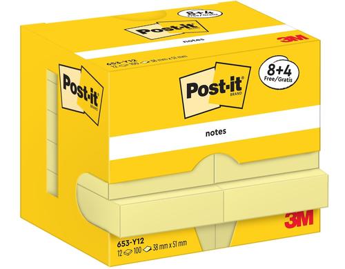 3M Post-it Haftnotizen, gelb, 4 gratis 8 + 4 Blöcke à 100 Blatt, 51 x 38 mm