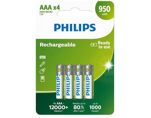 Philips Akku Rechargeable AAA 950 mAh, AAA Nickel-Metall-Hydrid, 4 Stück