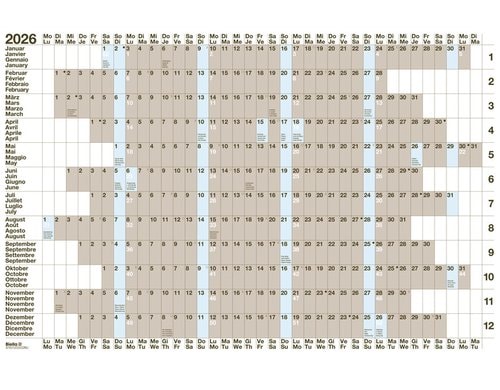 Biella Jahresplaner 2026 d/f/i/e, 69.5 x 46 cm, 1J/1S