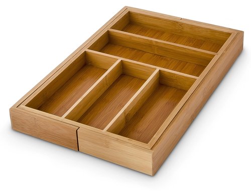 relaxdays Besteckkasten Bambus ausziehbar 5 x 48 x 46 cm ausgezogen