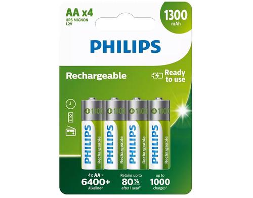 Philips Akku Rechargeable AA 1300 mAh, AA Nickel-Metall-Hydrid, 4 Stück