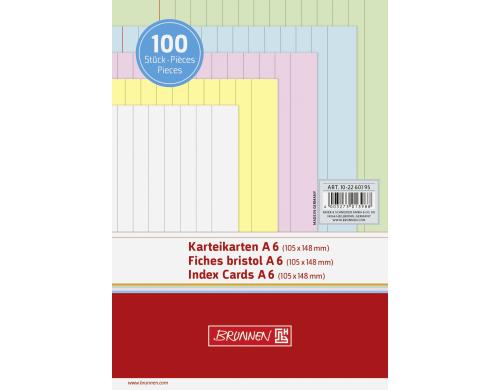 Brunnen Karteikarten A6 liniert 100 Stück, weiss, gelb, rot, blau, grün