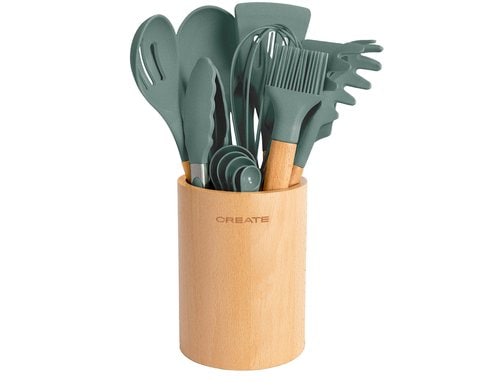 Create Küchenutensilien-Set Salbeigrün, Silikon und Holz