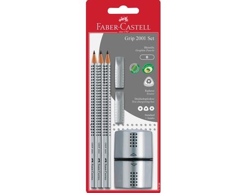 Faber-Castell Bleistift Grip 2001 Set B Härte:B, 3 Bleistifte, 2 Radierer,1 Spitzer