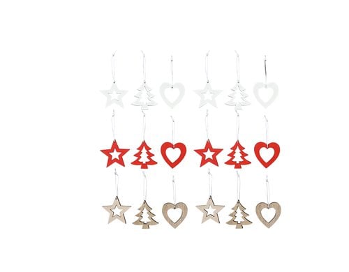 COCON Anhänger-Set à 18 Stk. Sperrholz rot Stern, Baum, Herz, 4.5x5cm/5x5cm/5.5x5.5cm