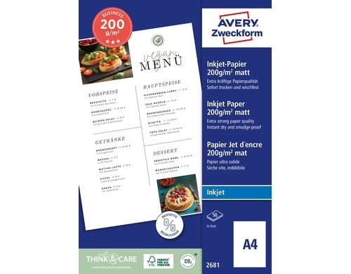 Avery Zweckform Business Inkjet Papier extra kräftig, A4, 200g. Inhalt: 50 Blatt