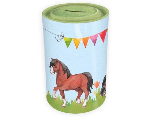 Grätz Spardose Pferde Metall, 12.5x8.5 cm (HxD), Deckel aufmachen