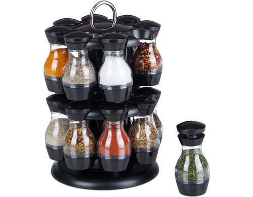 relaxdays Gewürzkarussell 16er Schwarz/Transparent, mit 16 Gläser
