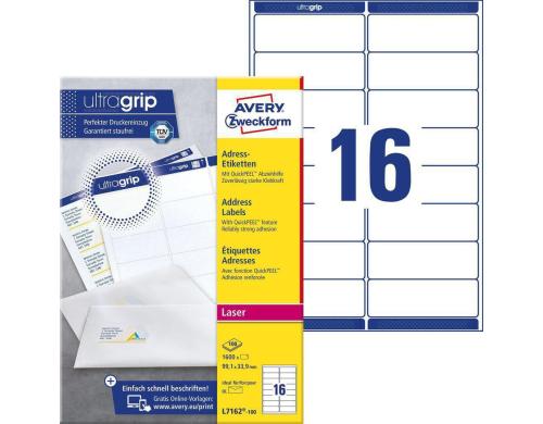 Avery Zweckform Adress-Etiketten Quickpeel 99.1x33.9mm,100 Bogen/1600 Etiketten