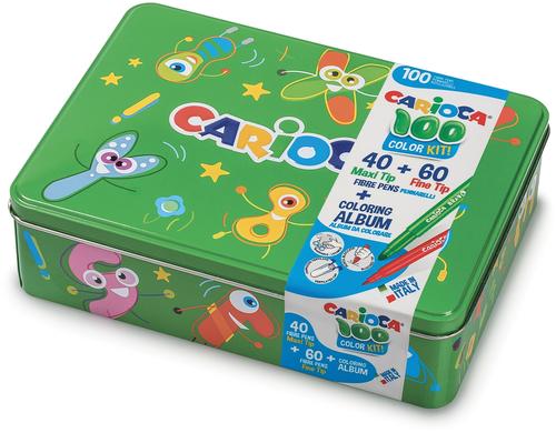 Carioca Fasermaler Metallbox grün 40x maxi, 60x fein Filzstifte mit Malbuch