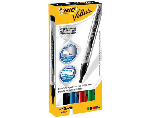 Bic Velleda Whiteboard Marker schwarz, rot, grün, blau, 4 Stück