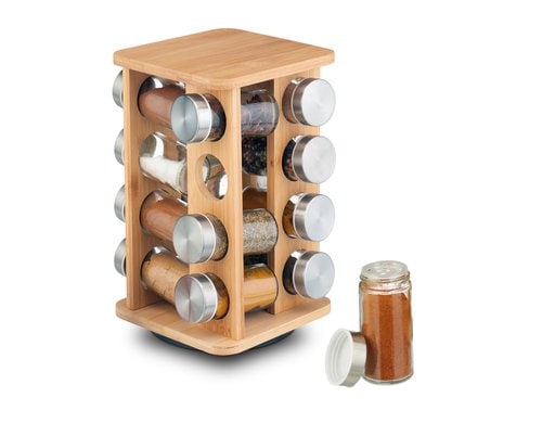 relaxdays Gewürzkarussell 16er Bambus, Edelstahl, mit 16 Gläser