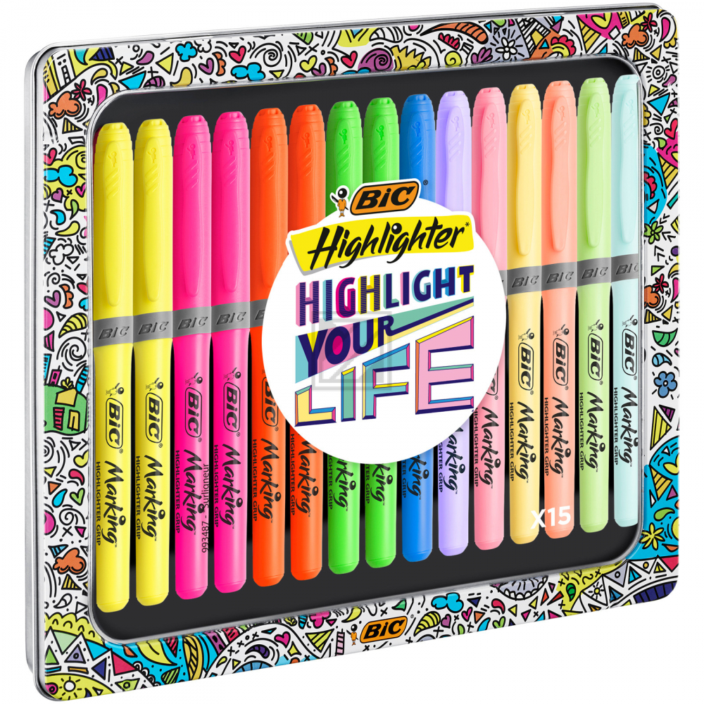 Bic Highlighter Grip Collection Box assortiert, Metallbox15 Stück