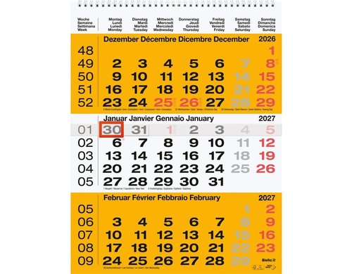 Biella Wandkalender 2027 3-Monatskalender 31 x 40 cm, 3 Monate pro Seite, gelb
