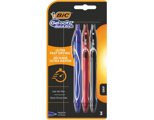 Bic Druck-Gelroller Gel-ocity Quick dry, 0.7mm, 3 Stück blau/schwarz/rot