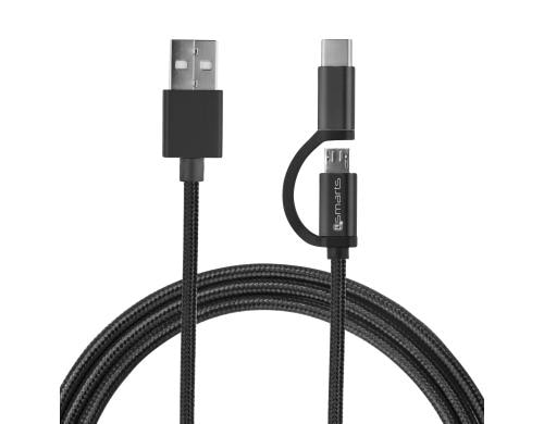 4smarts USB2.0-Kabel, 2A, schwarz, 1m Textil, verstärkt, 2in1, USB-C- MicroB & C