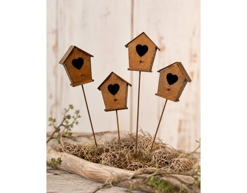 Chalet Metall Vogelhaus 5,5cm auf Stick Rost (4Stk im Pack)