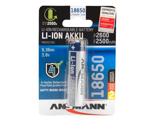 Ansmann Akku Li-Ion 18650 2600mAh min. 2500 mAh, 3.6V, 9.36 Wh, 1er