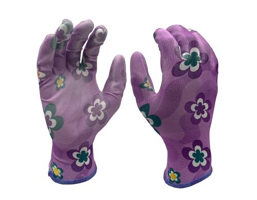 FTM Gartenhandschuhe Grösse 9/L, lila, Blumenmuster, 12er Set