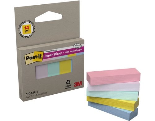 3M Post-it Index Super Sticky Recycling 5 Blöcke à 70 Blatt, 15x50mm, pastell div.