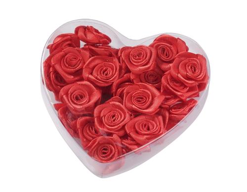 Hobbyfun Streu-Rosen 20 mm 30 Stück, Satin, rot, in Herzbox