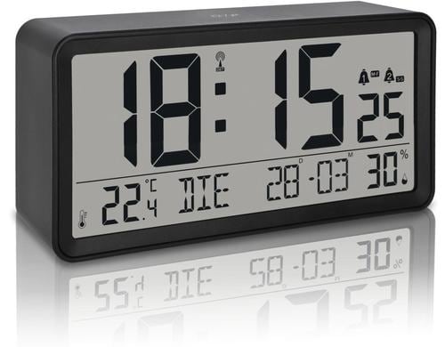 ADE Tisch oder Wanduhr, Schwarz Temp.,Kalender,Kunststoff, 18.8x48.5x1.7cm