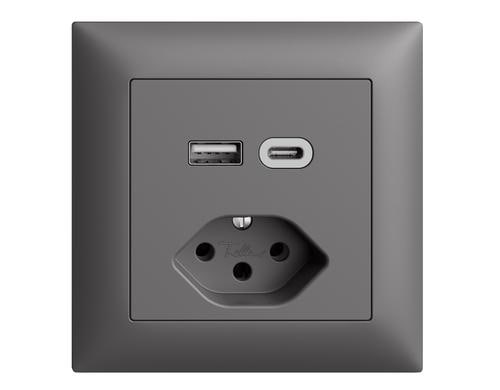 Feller EDIZIOdue Steckdose 1xUSB A,1xUSB C dunkelgrau, 3A, 1xT13, UP