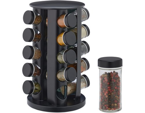 relaxdays Gewürzkarussell 20er Edelstahl, mit 20 Gläser, Schwarz