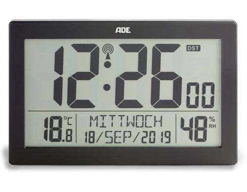 ADE Funk-Wanduhr XL, Hintergrundbeleuchtung 19.3x10.9 cm, hängen oder stellen, Alarm