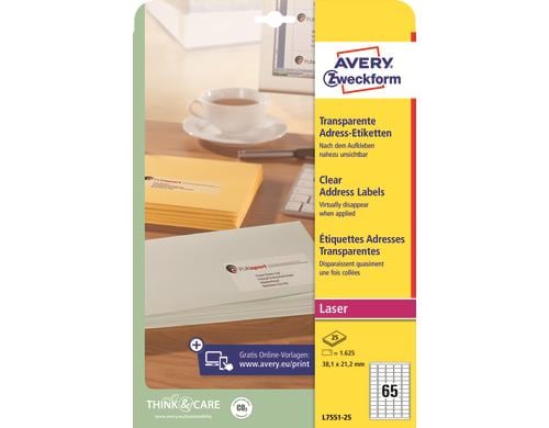 AVERY ZWECKFORM Adress-Etik. Laser 38x21.2mm, transparent 1625 St./25 Blatt