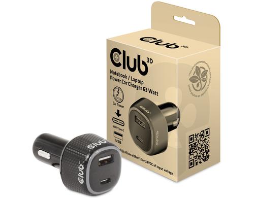 Club 3D, KFZ-Ladegerät 63W 1x USB Typ-A Buchse, 1x USB Typ-C Buchse