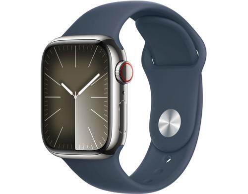 Apple Watch S9 GPS & Cell 41 Silver St. M mit Storm Blue Sport Band - M/L