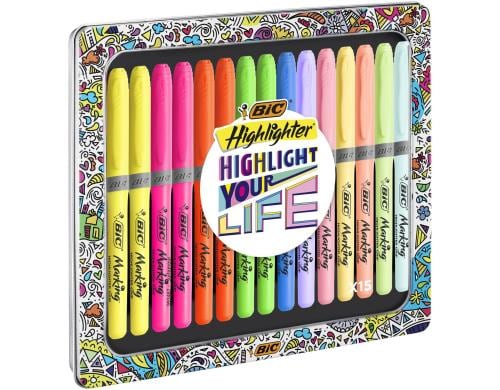 Bic Highlighter Grip Collection Box assortiert, Metallbox15 Stück