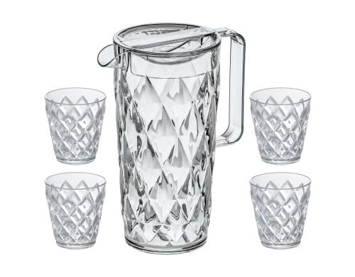 Koziol Karaffe CRYSTAL mit 4 Becher Vol 1.6L, H: 24.5cm / Becher: 200ml, H: 9cm