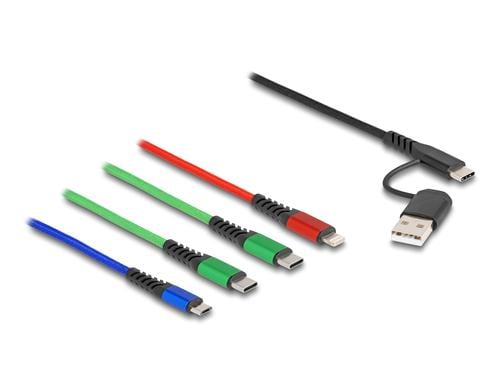 Delock USB Ladekabel 4 in 1 USB-A+C Lightning/ Micro USB/ 2x USB Type-C, 1.20m