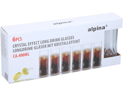 Alpina Longdrink Gläser 400ml, 6 Stück Glas, 6.5x15.5 cm (DxH), Kristalleffekt