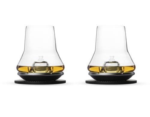 Peugeot Whisky-Glas-Set 2 Stück Gusseisensockel, Lederuntersetzer