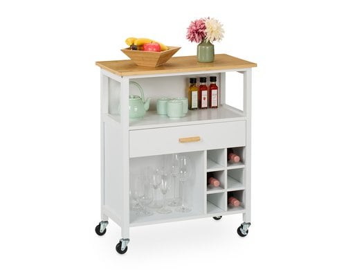 relaxdays Küchenwagen mit Weinregal MDF, Bambus, 80x65x35 cm, Weiss