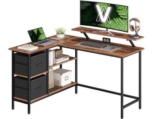 Vasagle Bürotisch braun-schwarz Ecktisch 135x105cm, 2 Schubladen, Aufsatz
