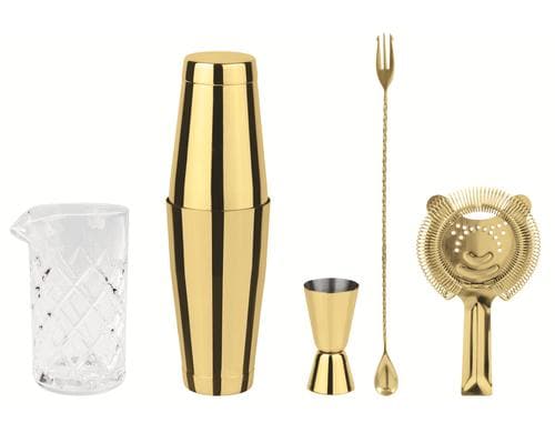 Paderno Bar Set Crystal 5tlg. gold Shaker, Doppelmass, Löffel, Sieb, Mixbecher