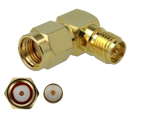 Delock Adapter RP-SMA St zu RP-SMA Bu 90° 3 GHz, 50 Ohm, Messing vernickelt