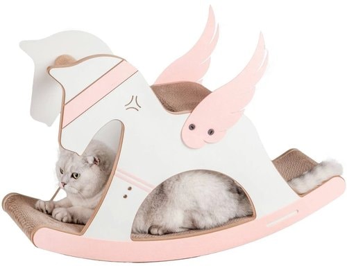 CanadianCat Einhorn-Wippe Kratzbrett, rosa, weiss, 74x26x50cm