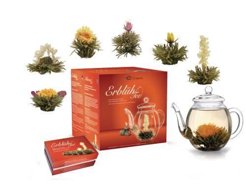 Creano Erblühtee Weisser Tee Geschenkset 6 Teeblumen, 1 Creano Teekanne