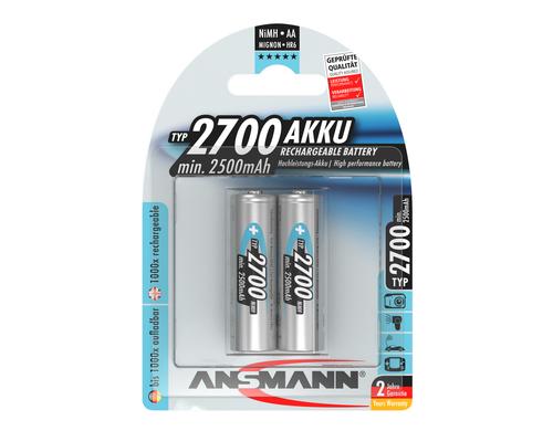 Ansmann Akku AA NiMH Typ 2700 2er min. 2500 mAh, 1.2V, 2er