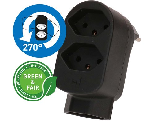 Abzweigstecker ADAPT 2+1x Typ 13 schwarz drehbar Green+Fair