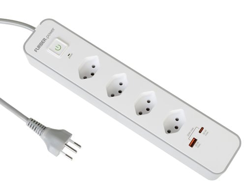 F.power Steckdosenleiste USB + 4xT13 1.5m 10A/250V, H05VV-F 3G1.00, grau-weiss